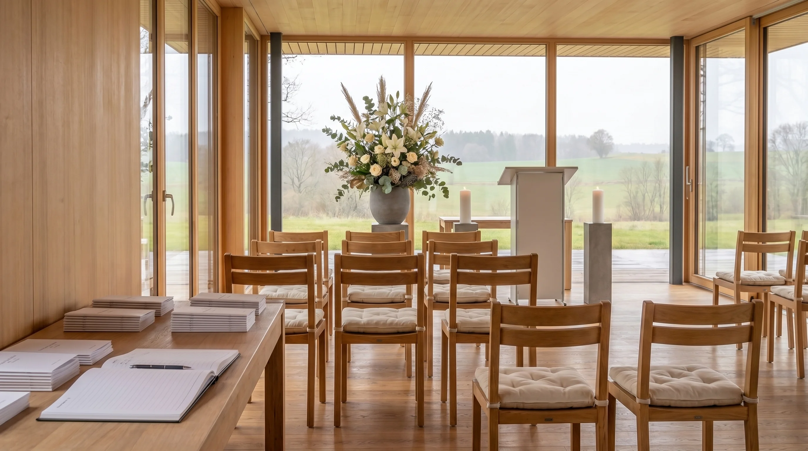 Pavillon als Ort einer Abdankungsfeier — ruhige Stuhlreihen, schlichter Blumenschmuck, Kerzen, Gedenkbuch auf Beistelltisch.