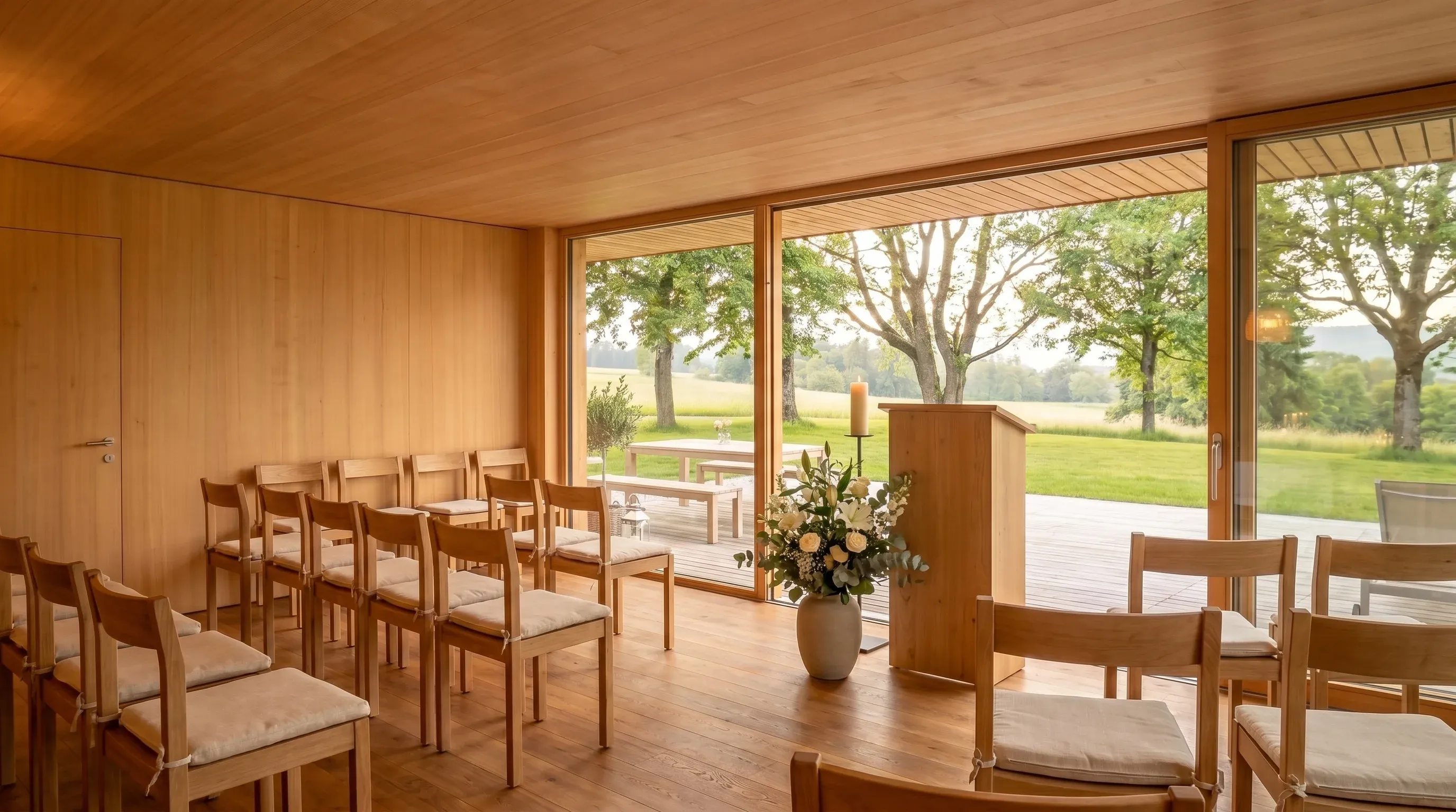 Pavillon als pietätsvoller Raum für eine Abdankung: Stuhlreihen, schlichtes Rednerpult, weisse Blumen, brennende Kerze, Tageslicht.