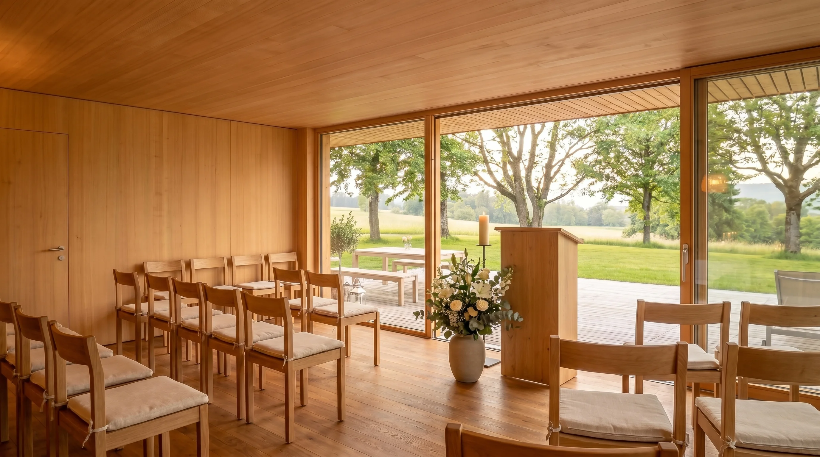 Pavillon als pietätsvoller Raum für eine Abdankung — Stuhlreihen, schlichtes Rednerpult, weisse Blumen, brennende Kerze, Tageslicht.