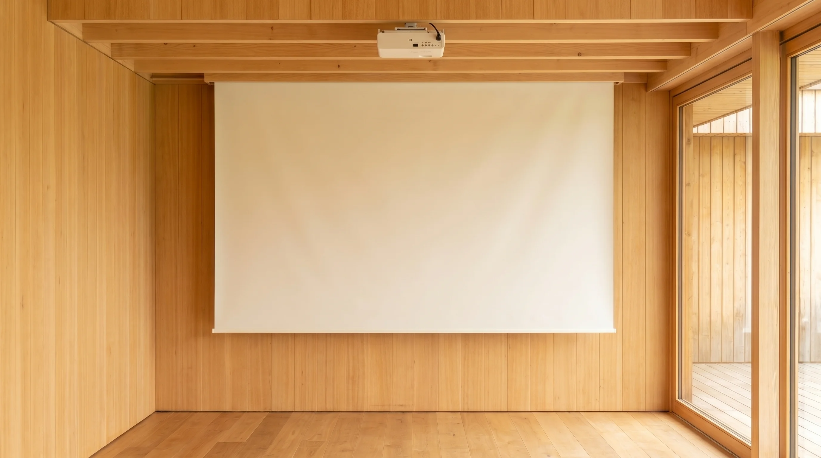 Grossformatige Leinwand und Deckenbeamer im Pavillon — einsatzbereit, Tageslicht.