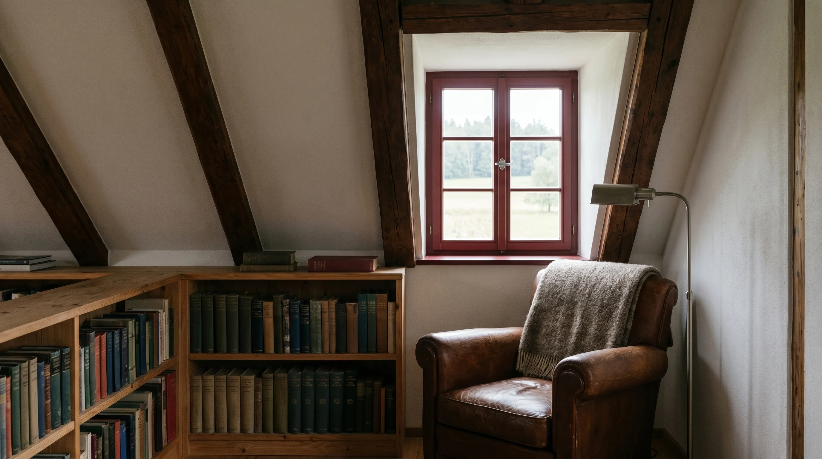 Kleine Bibliothek im Obergeschoss — Bücherregale, Ledersessel, Stehlampe, Dormerfenster mit Landschaftsblick.