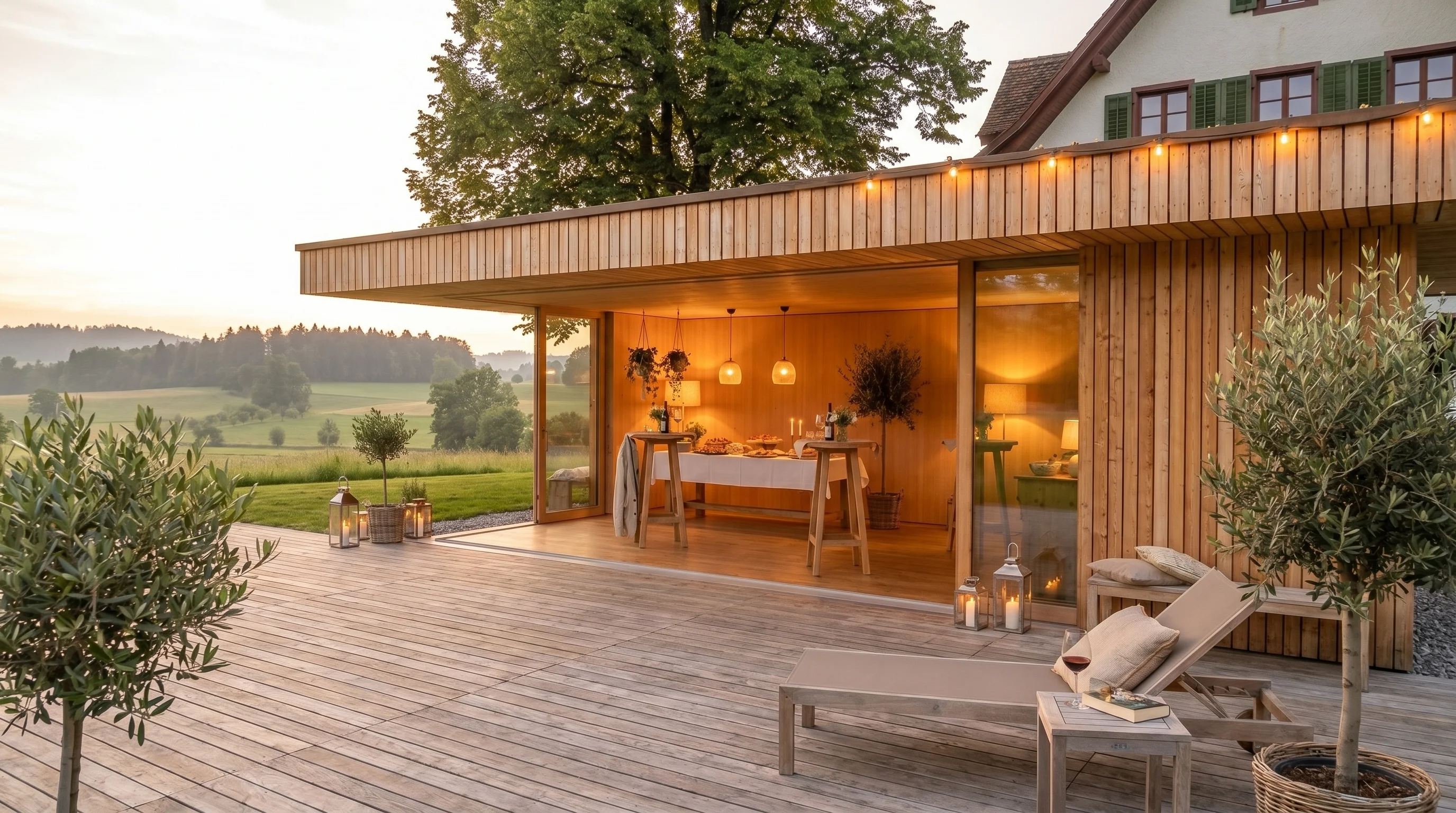 Holzpavillon am Landhaus von der Seite — geöffnete Glasfassade, warm beleuchteter Innenraum, Holzdeck mit Lounge-Chair, Abendstimmung.