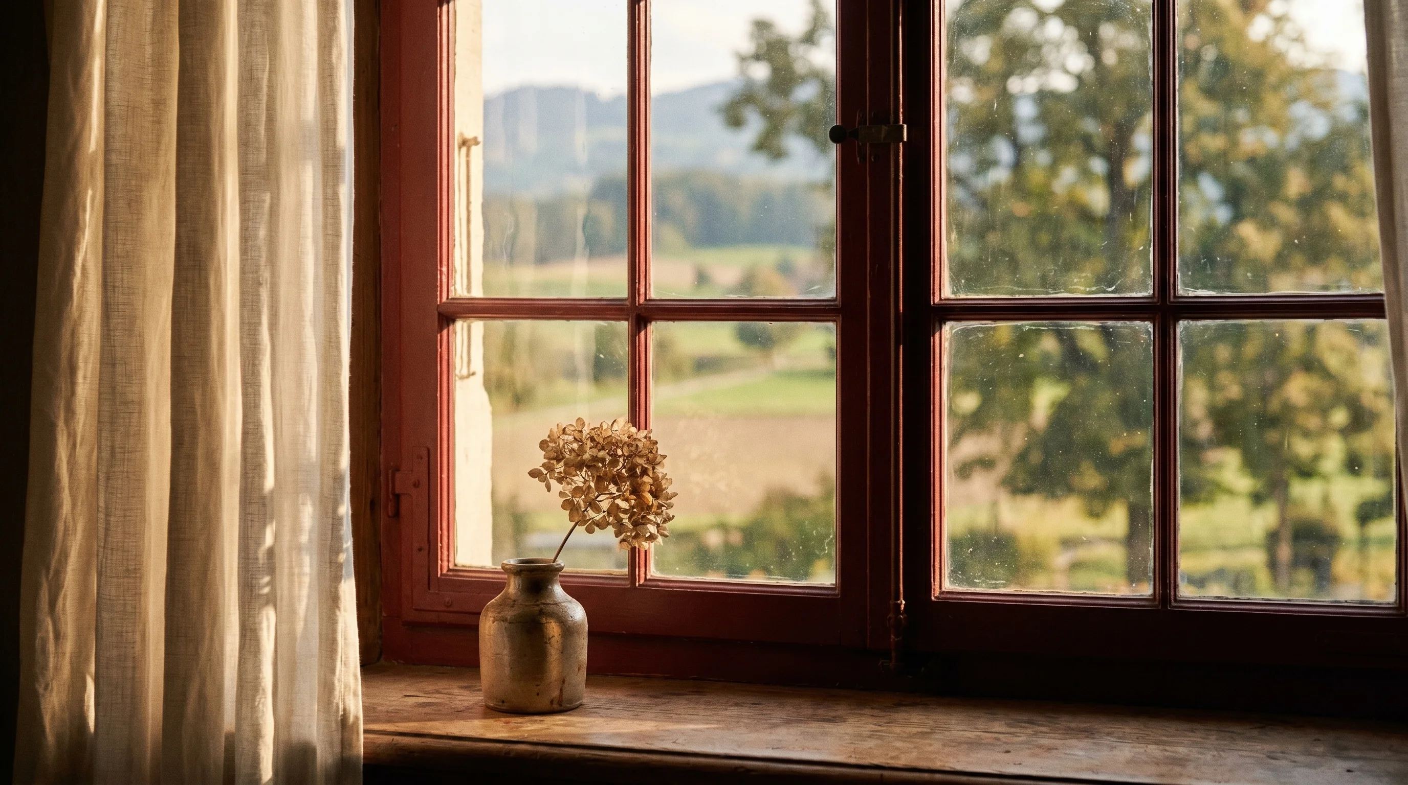 Altes Sprossenfenster im Landhaus mit handgeblasenem Glas, Leinenvorhang und Blick in die Landschaft.