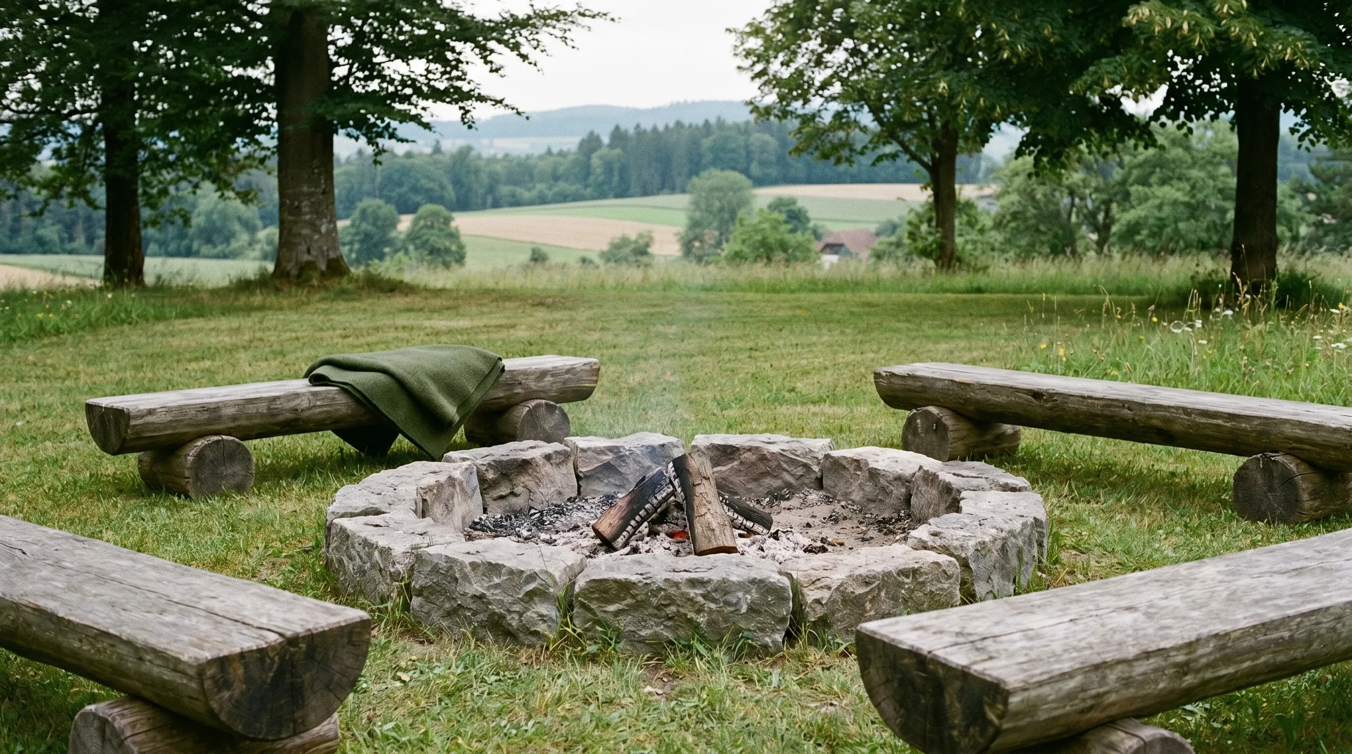 Steinfeuerstelle auf der Wiese bei Tag: Rundkreis aus Bruchsteinen, Holzbänke, Landschaft im Hintergrund.