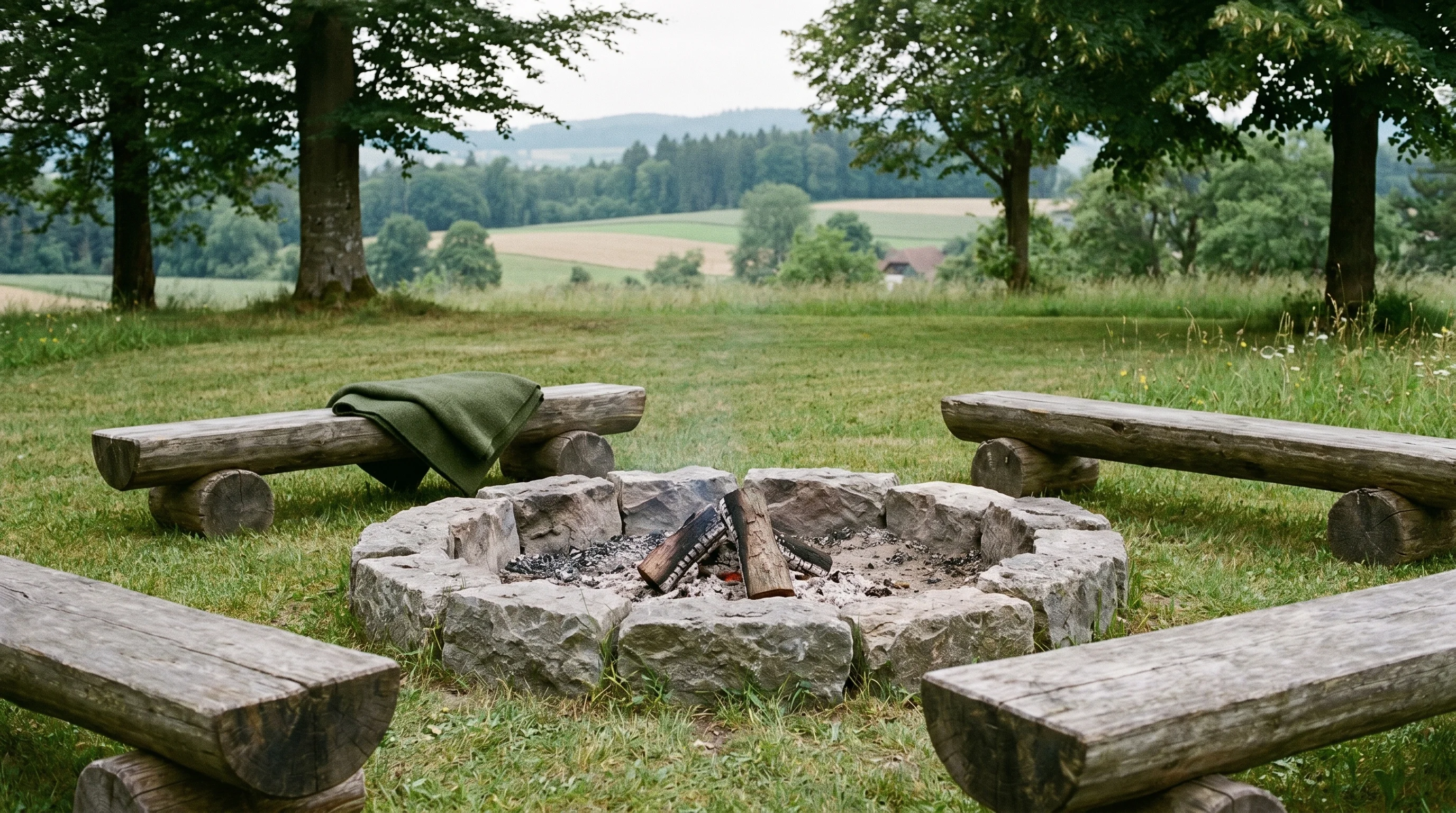 Steinfeuerstelle auf der Wiese bei Tag — Rundkreis aus Bruchsteinen, Holzbänke, Landschaft im Hintergrund.