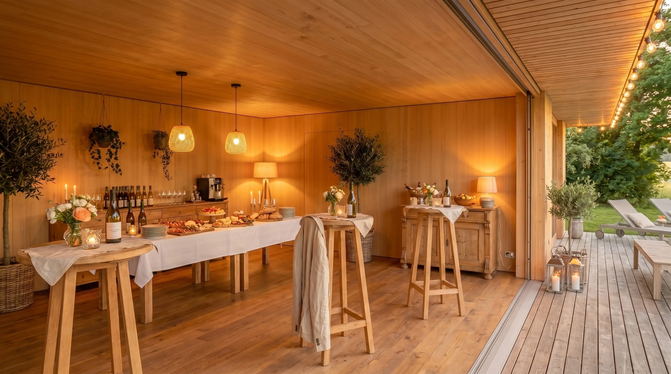 Pavillon im Apéro-Setup — Stehtische, Buffet mit Charcuterie, Sideboard mit Wein, warme Innenbeleuchtung, geöffnete Glasfront.