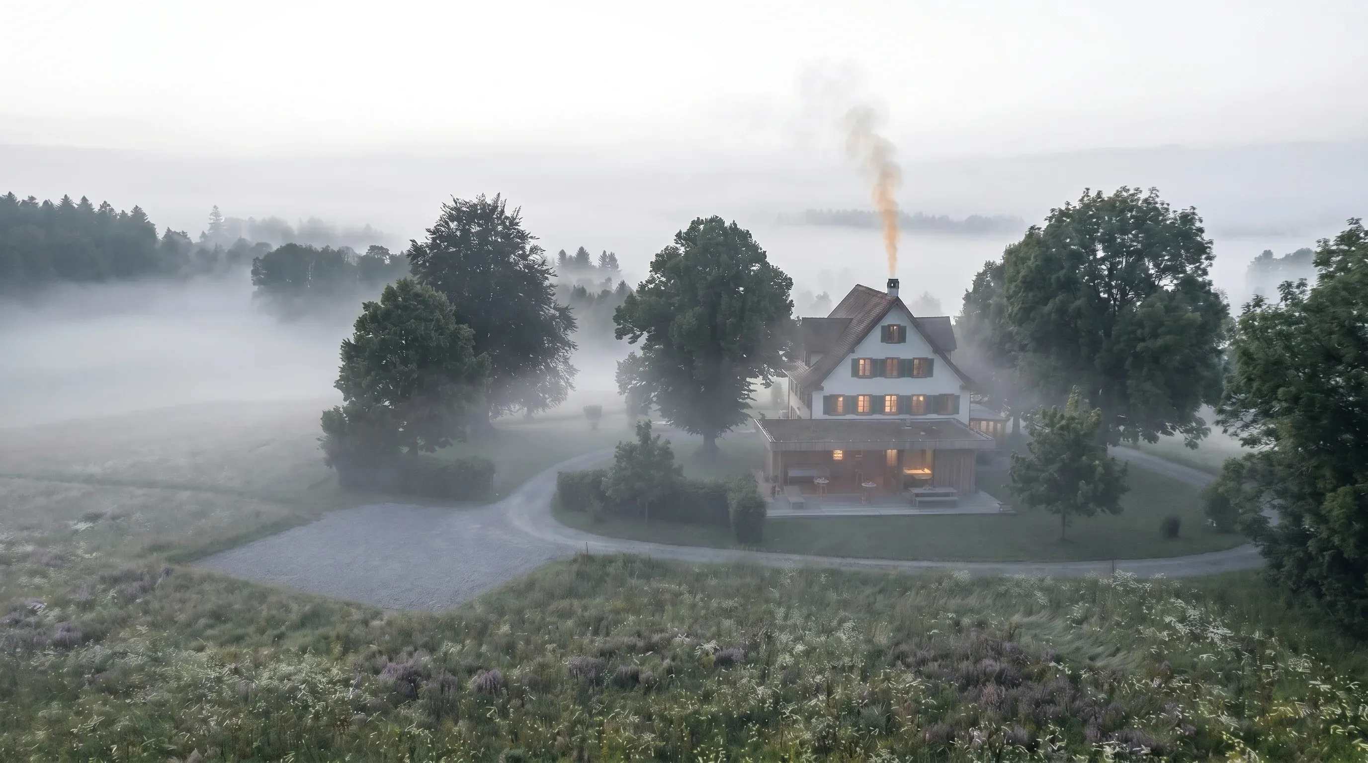 Morgennebel über dem Landhaus Sihlweid: Bauernhaus und Glaspavillon tauchen schemenhaft aus dem Nebel auf.