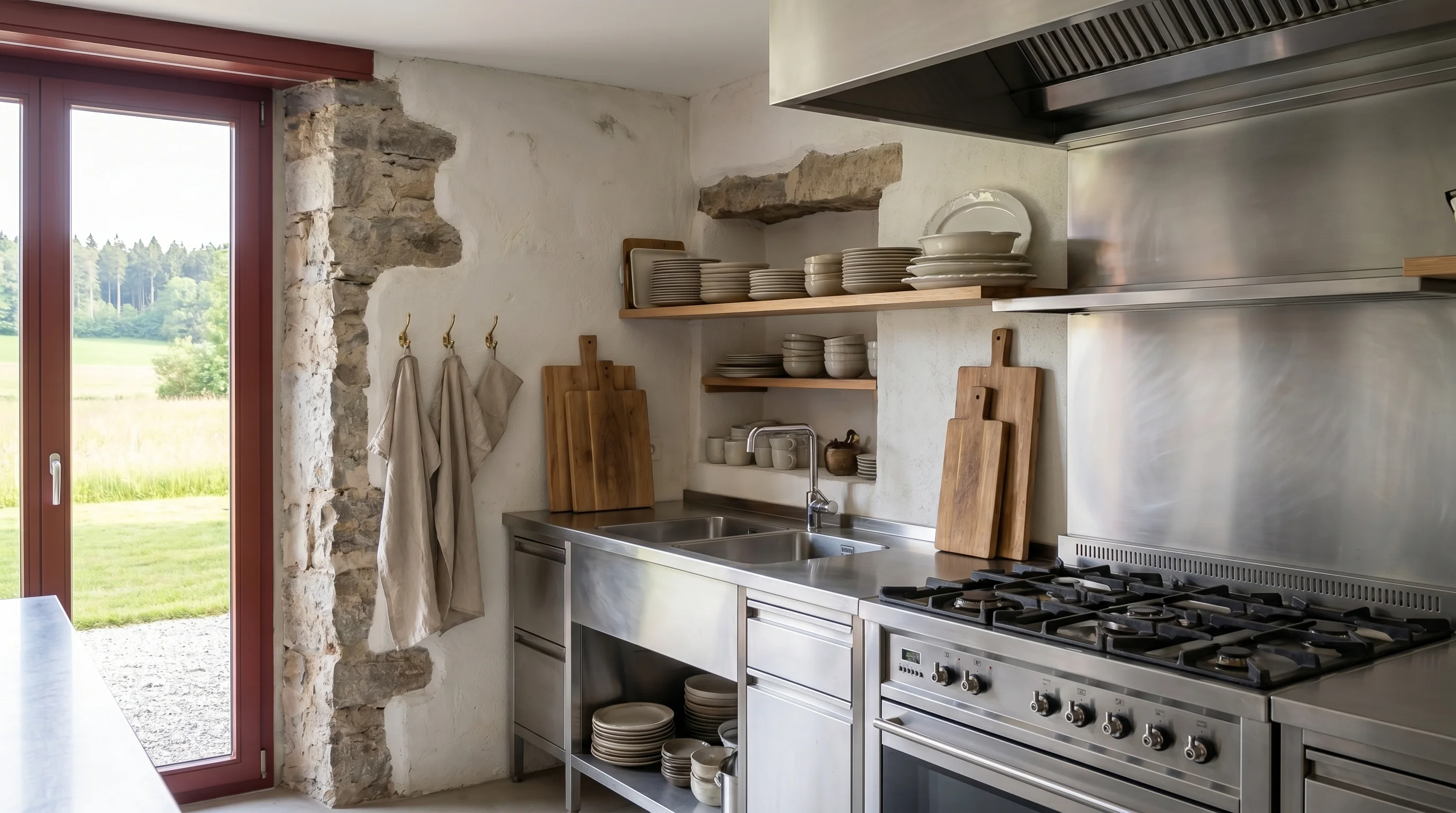 Professionelle Cateringküche im Landhaus — Edelstahl-Arbeitsflächen, Gasherd, Tageslicht, Blick in die Landschaft.