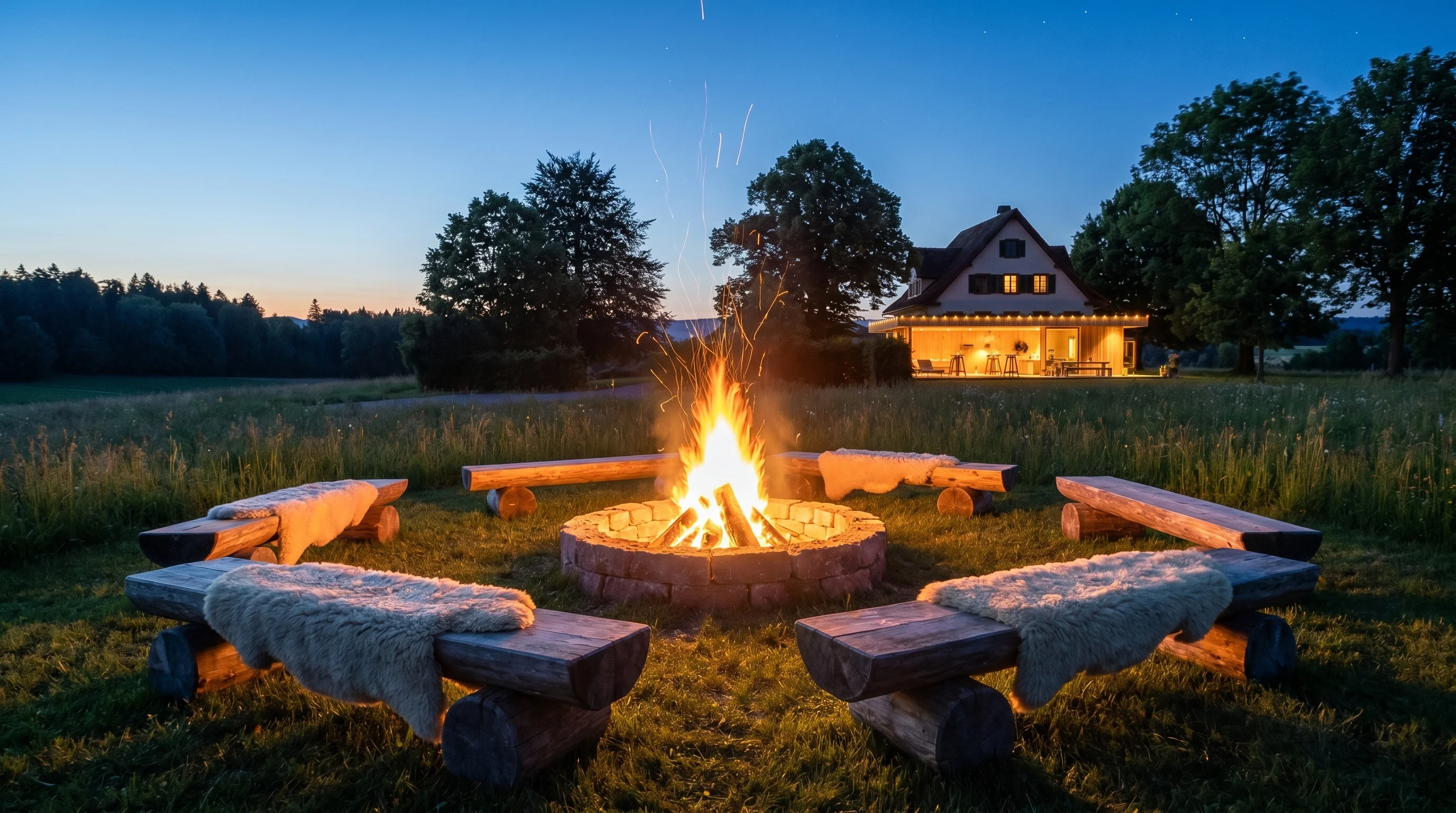 Feuerstelle auf der Wiese in der Abenddämmerung — lodernde Flammen, Holzbänke mit Decken, Pavillon und Landhaus im Hintergrund.
