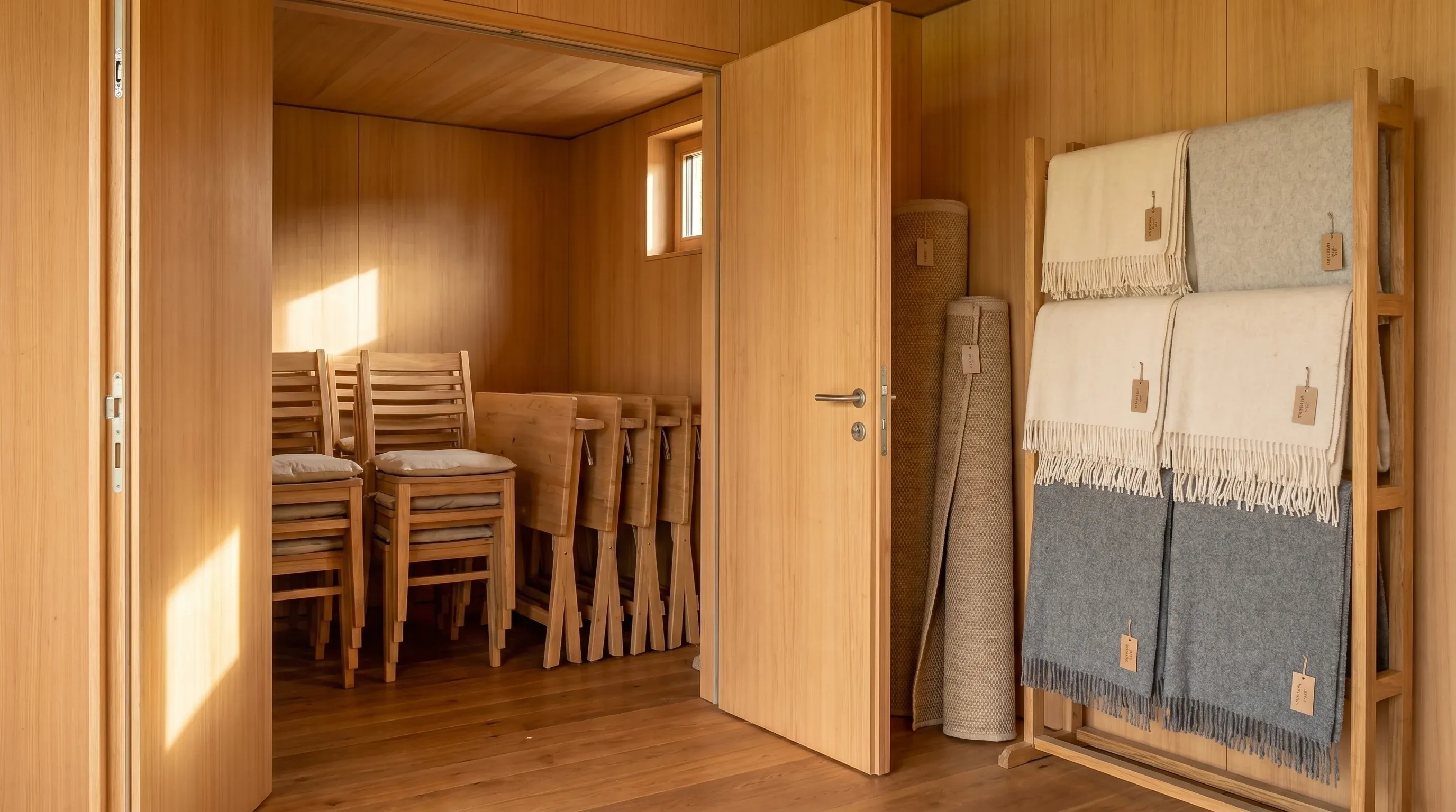Möbellager mit gestapelten Holzstühlen, zusammenklappbaren Tischen und Wolldecken: einsatzbereit.