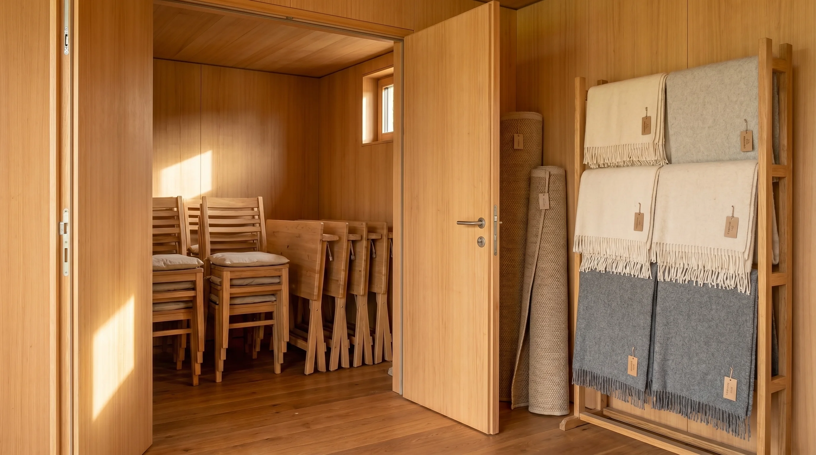 Möbellager mit gestapelten Holzstühlen, zusammenklappbaren Tischen und Wolldecken — einsatzbereit.