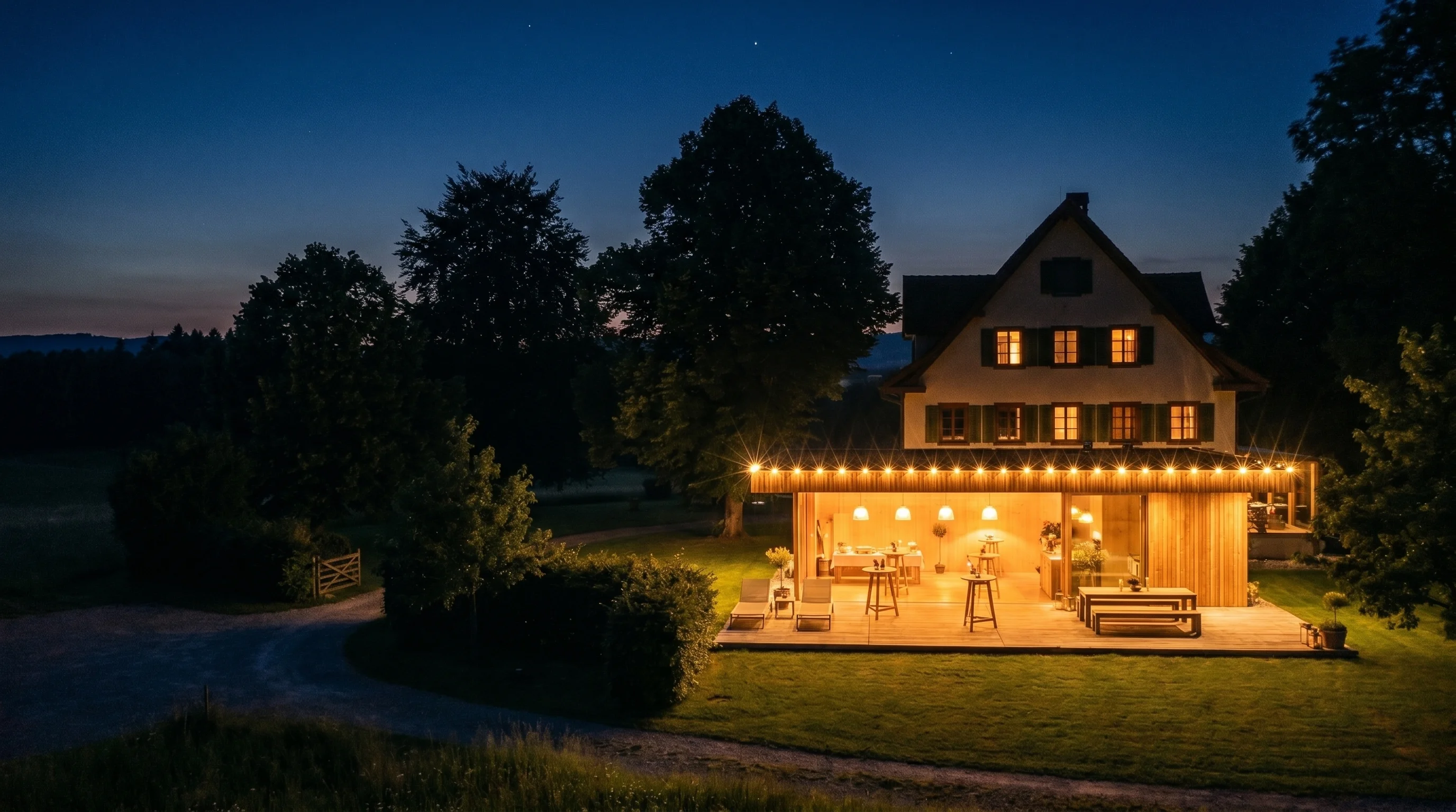 Pavillon bei Nacht — innen warm beleuchtet, wie eine Laterne in der Dunkelheit, Landhaus dahinter.