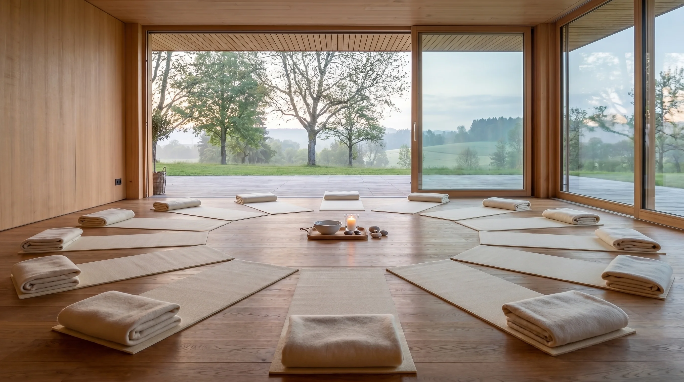 Pavillon im Retreat-Setup — Kreis aus Yoga-Matten, zentraler Ritualtisch mit Kerze, Morgenlicht, Landschaftsblick.