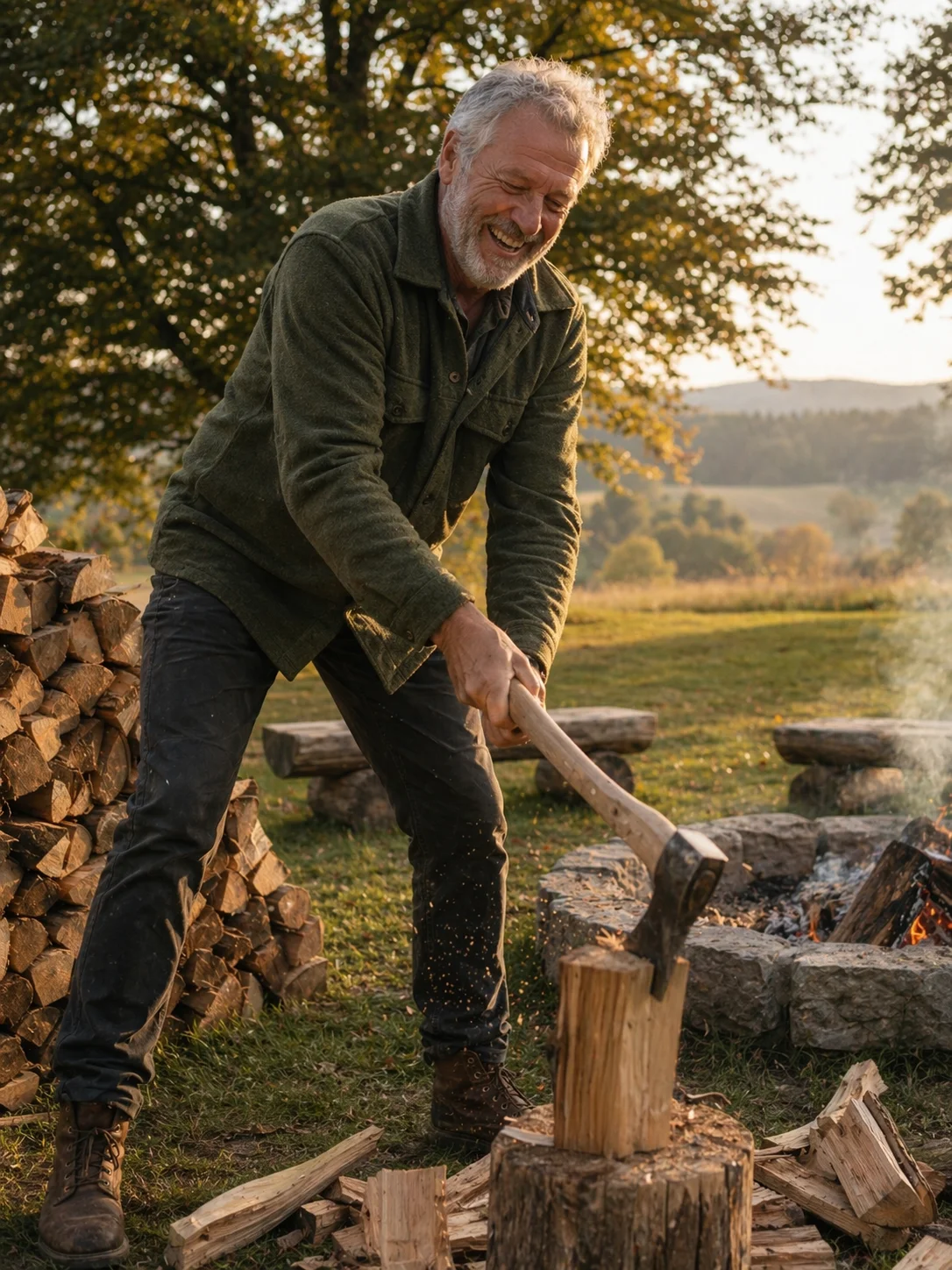 Rico Brunner lachend beim Holzhacken an der Feuerstelle.