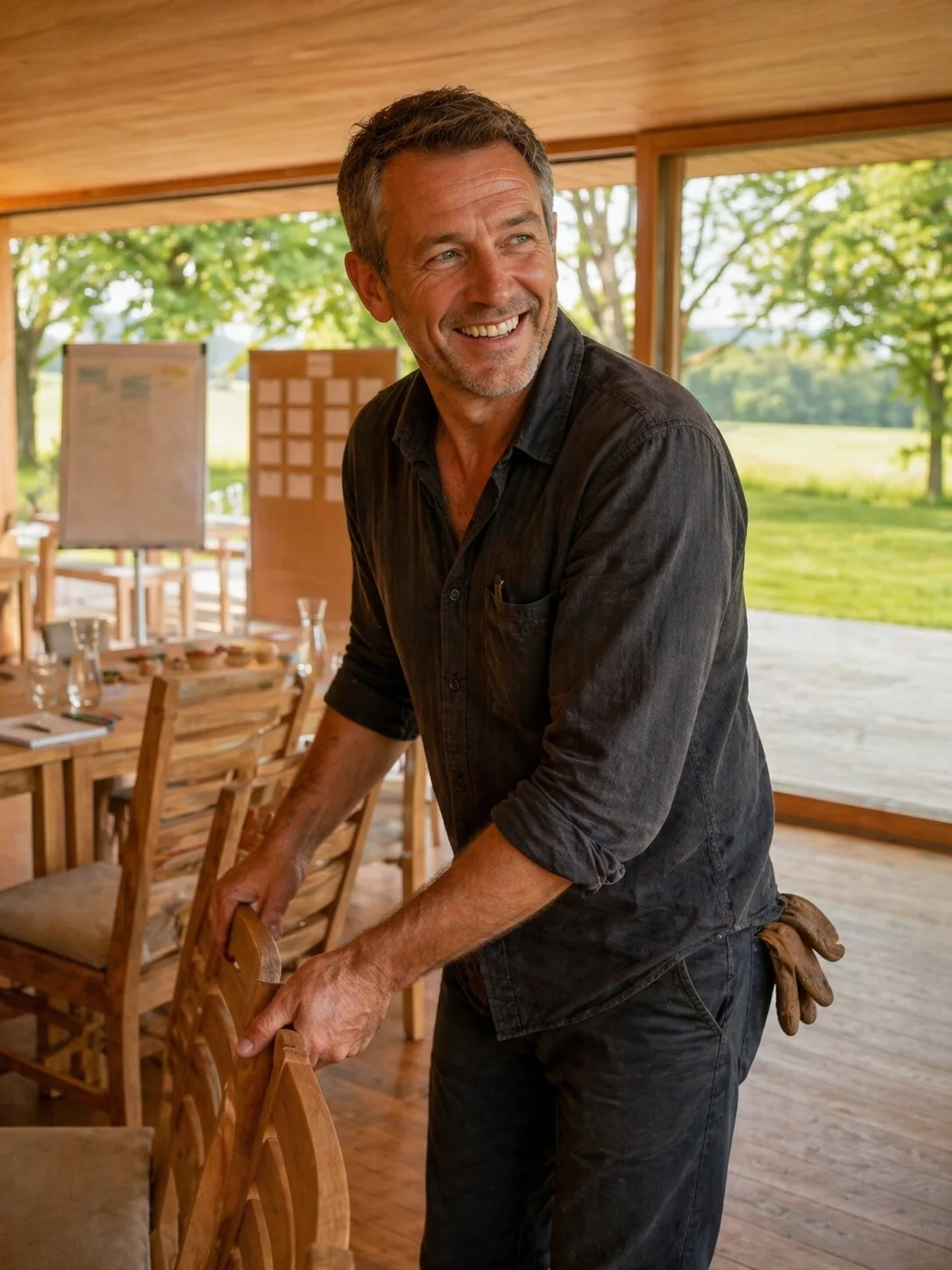 Simon Brunner fröhlich beim Aufstellen der Stuhlreihen im Pavillon.
