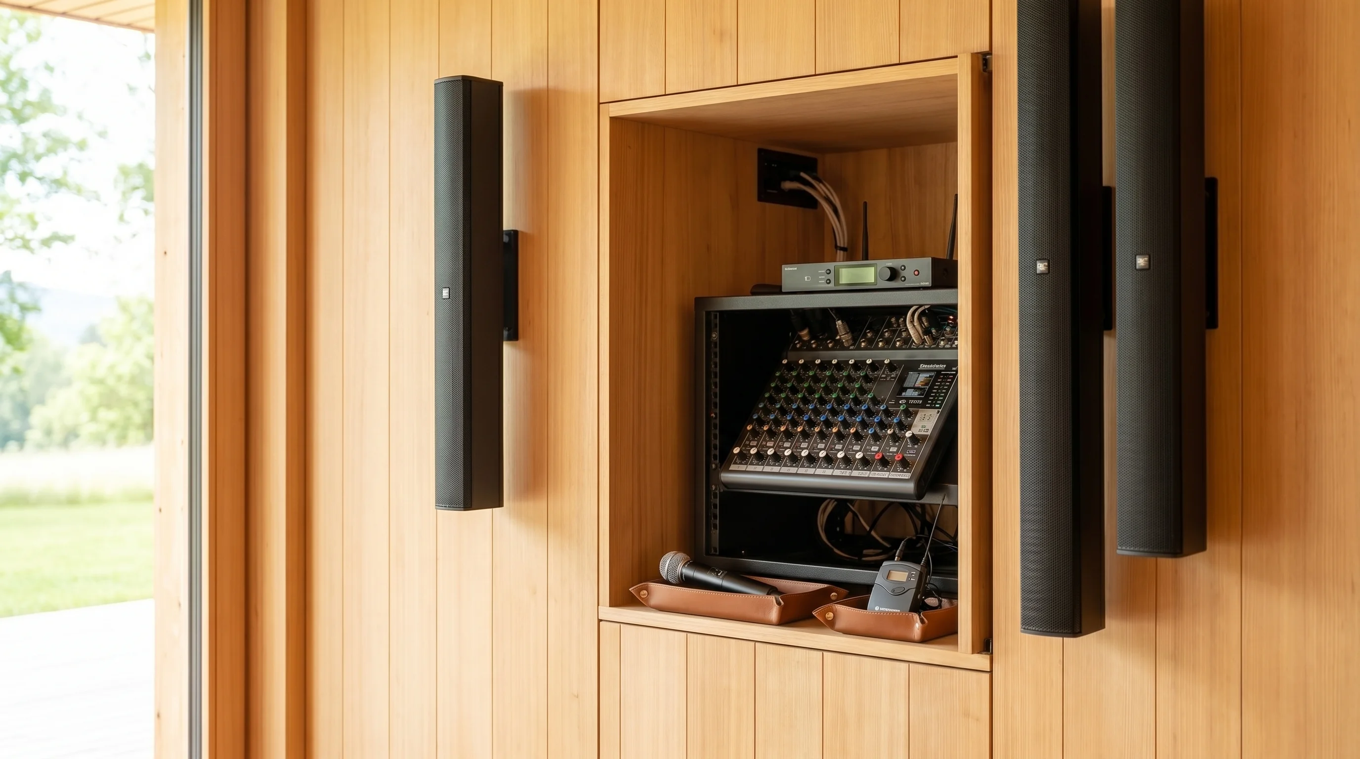 Soundanlage im Pavillon — Mischpult, Funkempfänger, schlanke Standlautsprecher und Funkmikrofon.