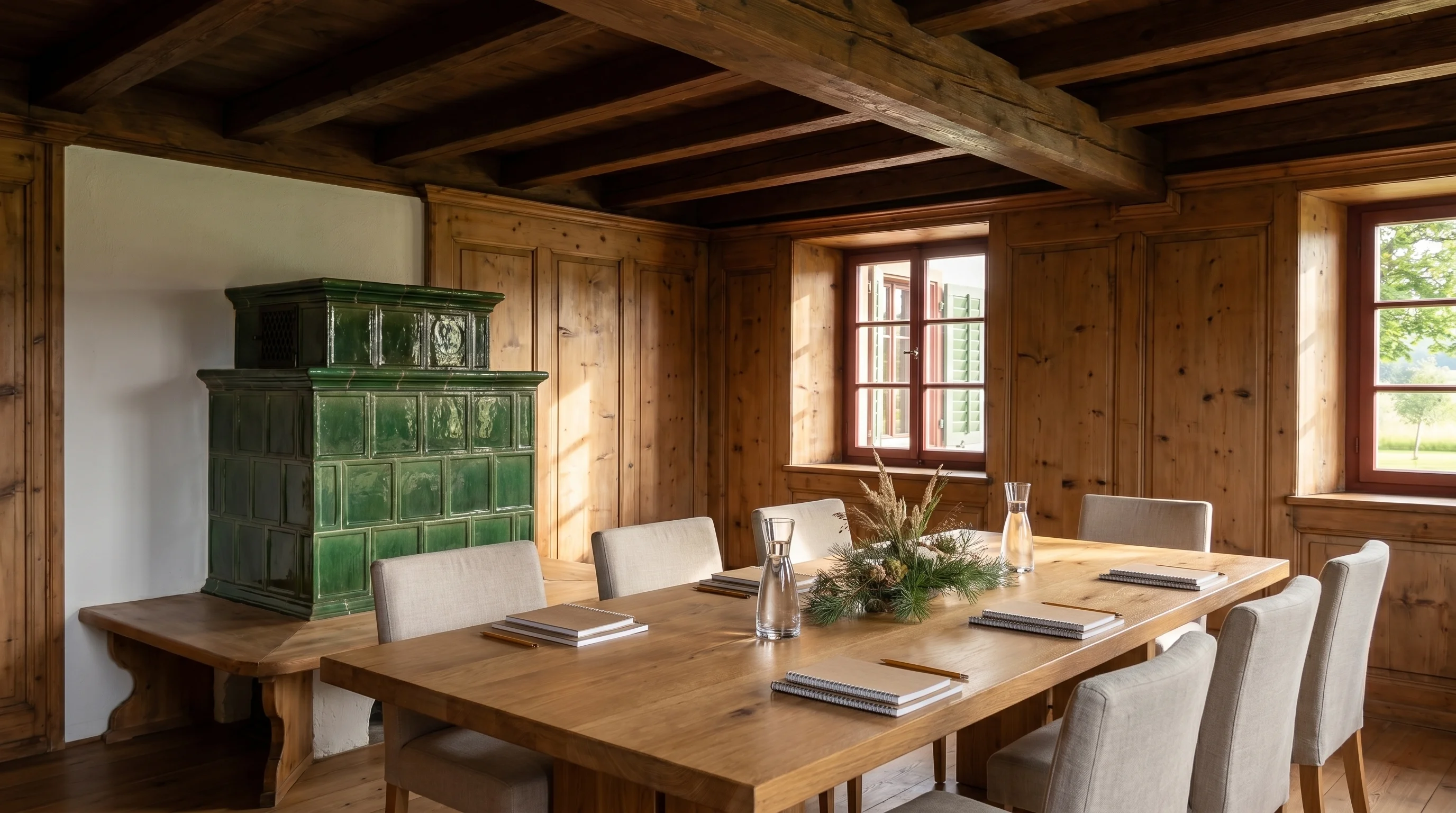 Stube im Landhaus mit Tagungssetup — langer Eichentisch, Leinen-Stühle, Kachelofen, Holzbalken und Tageslicht.