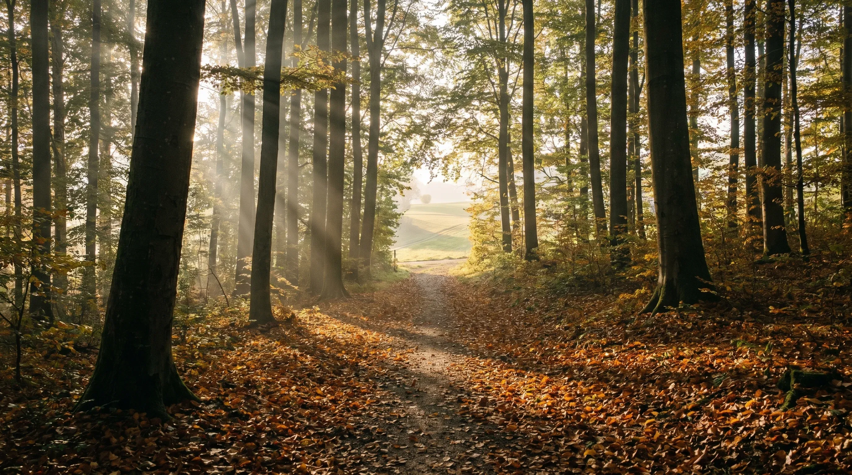 Stiller Spazierweg im Herbst: goldenes Laub, hohe Bäume, Sonnenstrahlen durchs Blätterdach, Blick auf die offene Landschaft.