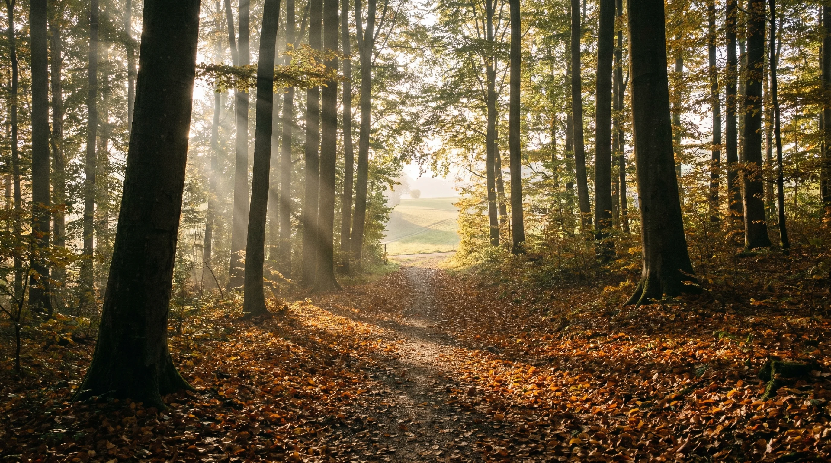 Stiller Spazierweg im Herbst — goldenes Laub, hohe Bäume, Sonnenstrahlen durchs Blätterdach, Blick auf die offene Landschaft.