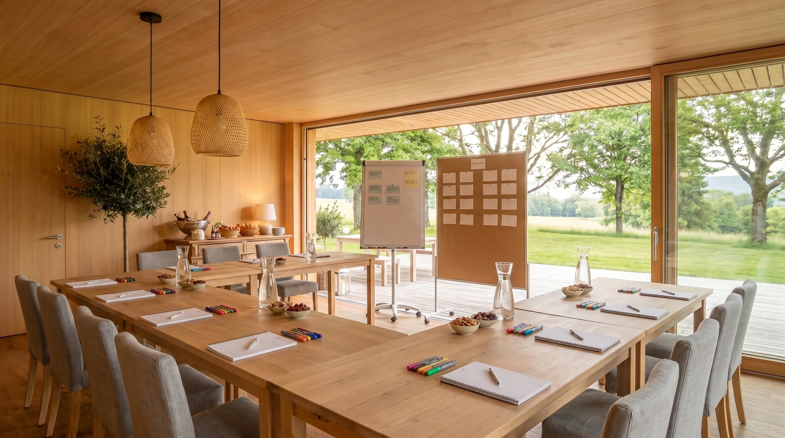 Pavillon mit Workshop-Setup in U-Form — lange Tische, Whiteboard, Pinnwand, Tageslicht durch Glaswände mit Landschaftsblick.