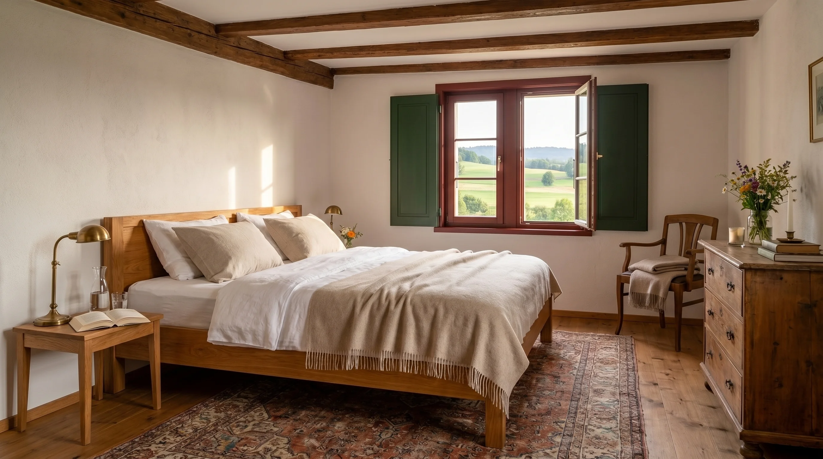 Gästezimmer im Landhaus — Doppelbett mit Leinenbezug, Holzbalken, Fenster mit Blick ins Grüne, warmes Morgenlicht.