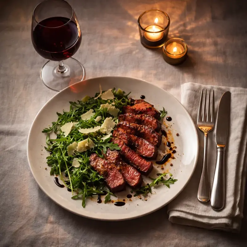 Abendmenü mit Fleisch und Rotwein
